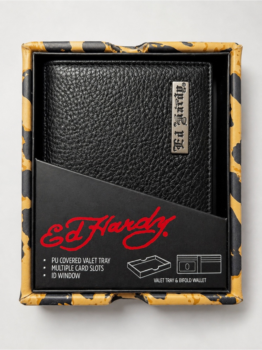 Ed Hardy Bifold Wallet & Skull Roses Leopard Print Valet Tray Gift Set NIB